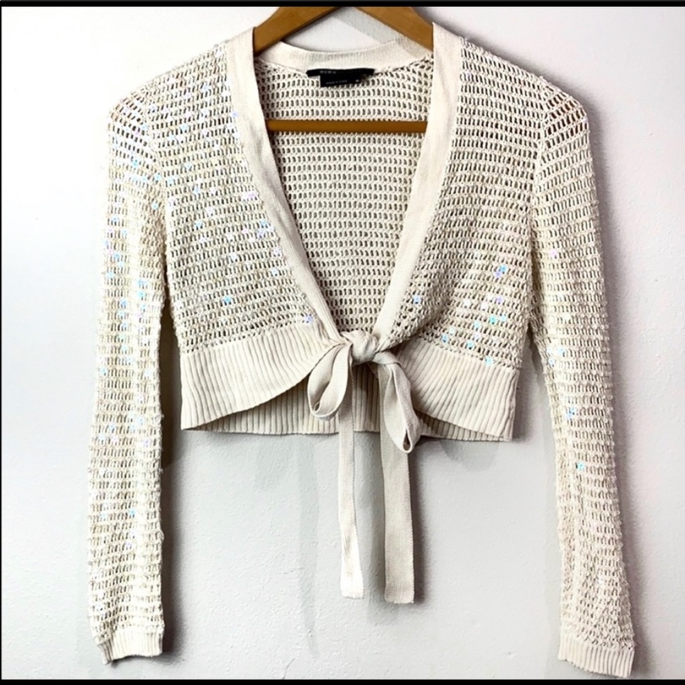 BCBGMaxAzaria crochet sequin cropped shrug XS